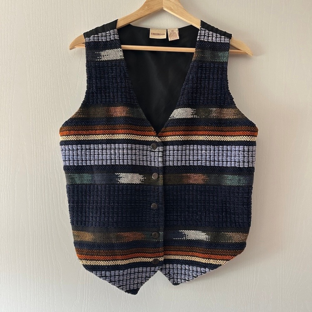 Vintage 90s Crossroads Southwestern Tapestry Vest Ornate Metal Buttons Women S